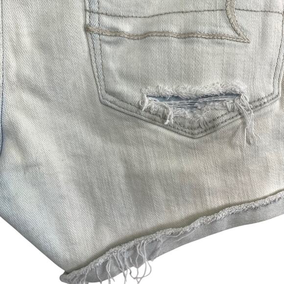 American Eagle Hi Rise Shortie Distressed Light Blue Wash Raw Hem Shorts sz 00 - Picture 16 of 16
